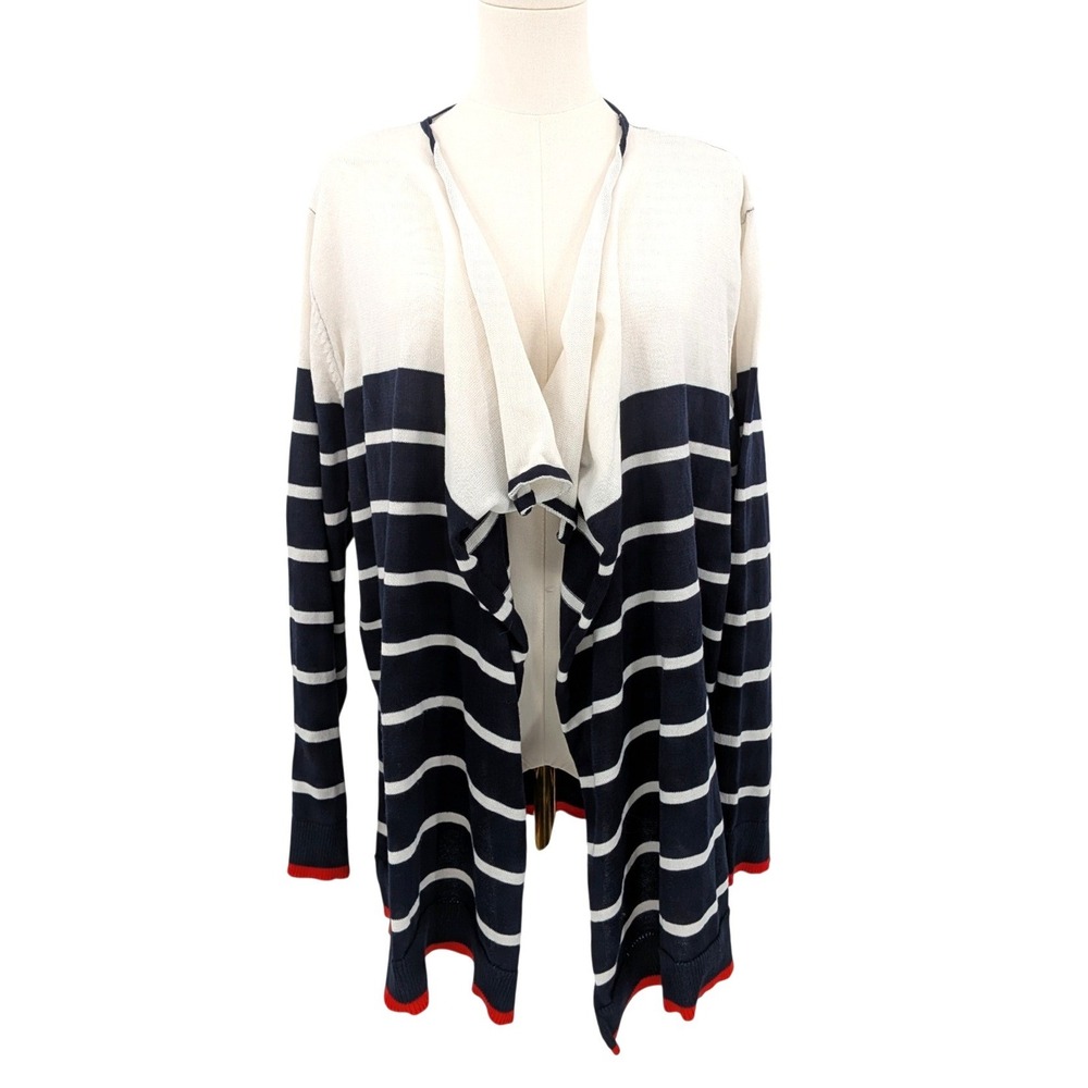 Tantrums Nautical Anchor Stripe Open Cardigan Navy‎ Cream Coastal Grandma XXL